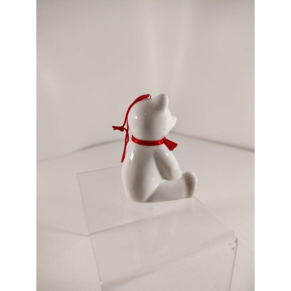 Department 56 White bone china Teddy Bear Christmas Hanging Ornament Red Bow 3" - Picture 3 of 5